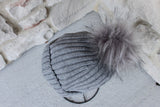 Ribbed Beanie with Removable Pom - GREY