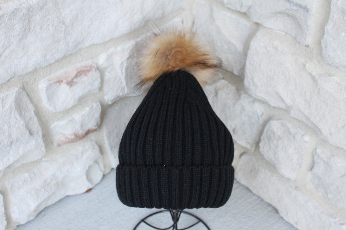 Detachable Pom Pom Hat for to and from The Barre One Size / Black/Tan Combo
